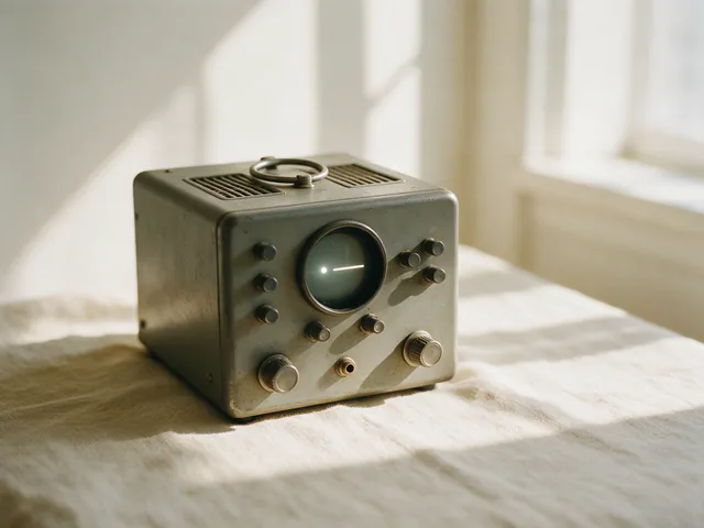 Osciloscópio de laboratório dos anos 1950, com tela redonda, sobre mesa de linho creme