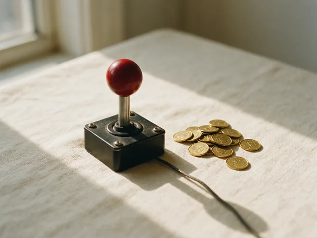 Joystick vermelho de fliperama ao lado de um punhado de fichas douradas
