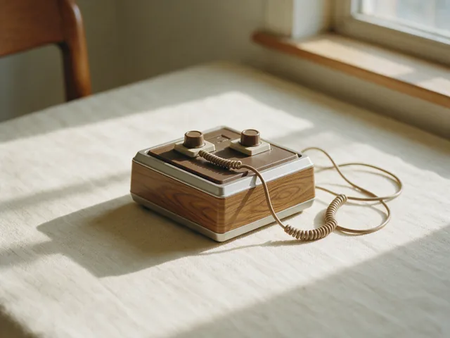 Console doméstico de madeira dos anos 1970 com dois controles de botão giratório e cabos