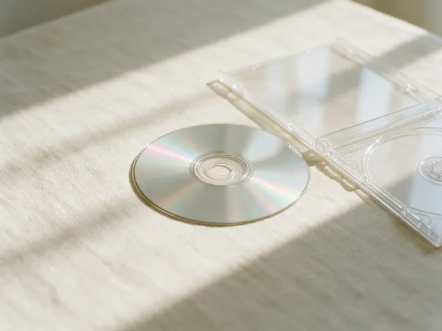 Disco de CD-ROM refletindo luz iridescente ao lado de uma caixa acrílica aberta