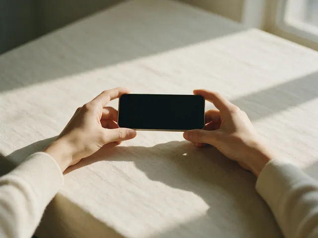 Celular segurado na horizontal com as duas mãos sobre uma mesa de linho