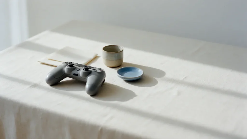 Controle de videogame sobre mesa de linho creme, ao lado de uma xícara de cerâmica
