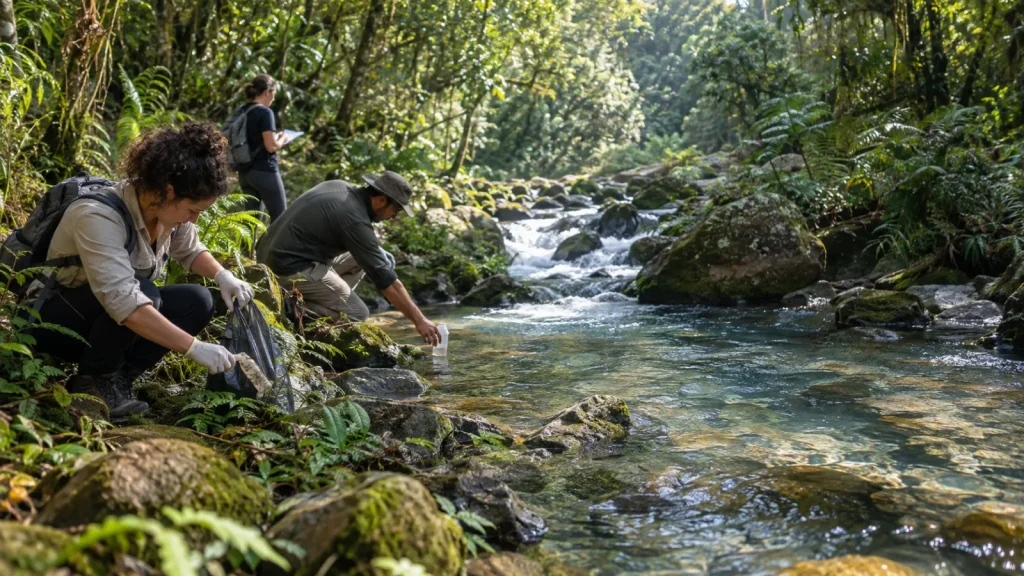 Pessoas monitoram a qualidade da água e cuidam da margem de uma nascente em área de mata